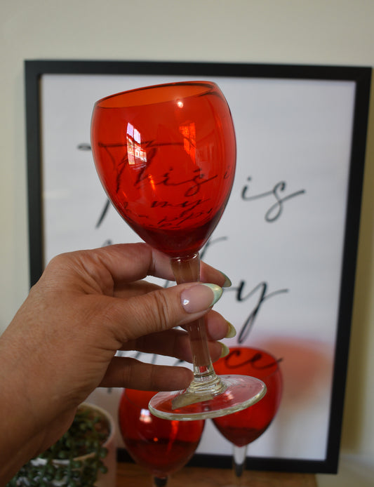 Vintage Kreias red/orange glass goblets. Set of 3 made in Japan