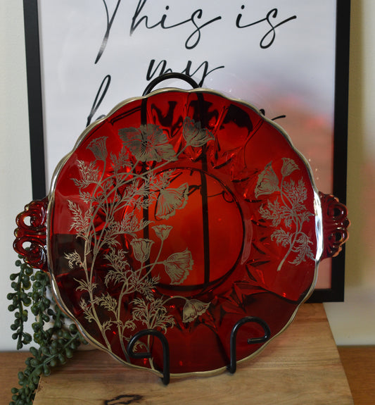 Vintage New Martinsville Ruby Red "Janice" Silver overlay poppy handled cake plate