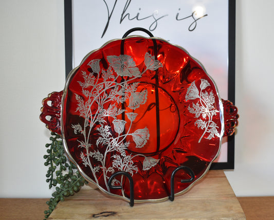Vintage New Martinsville Ruby Red "Janice" Silver overlay poppy handled cake plate