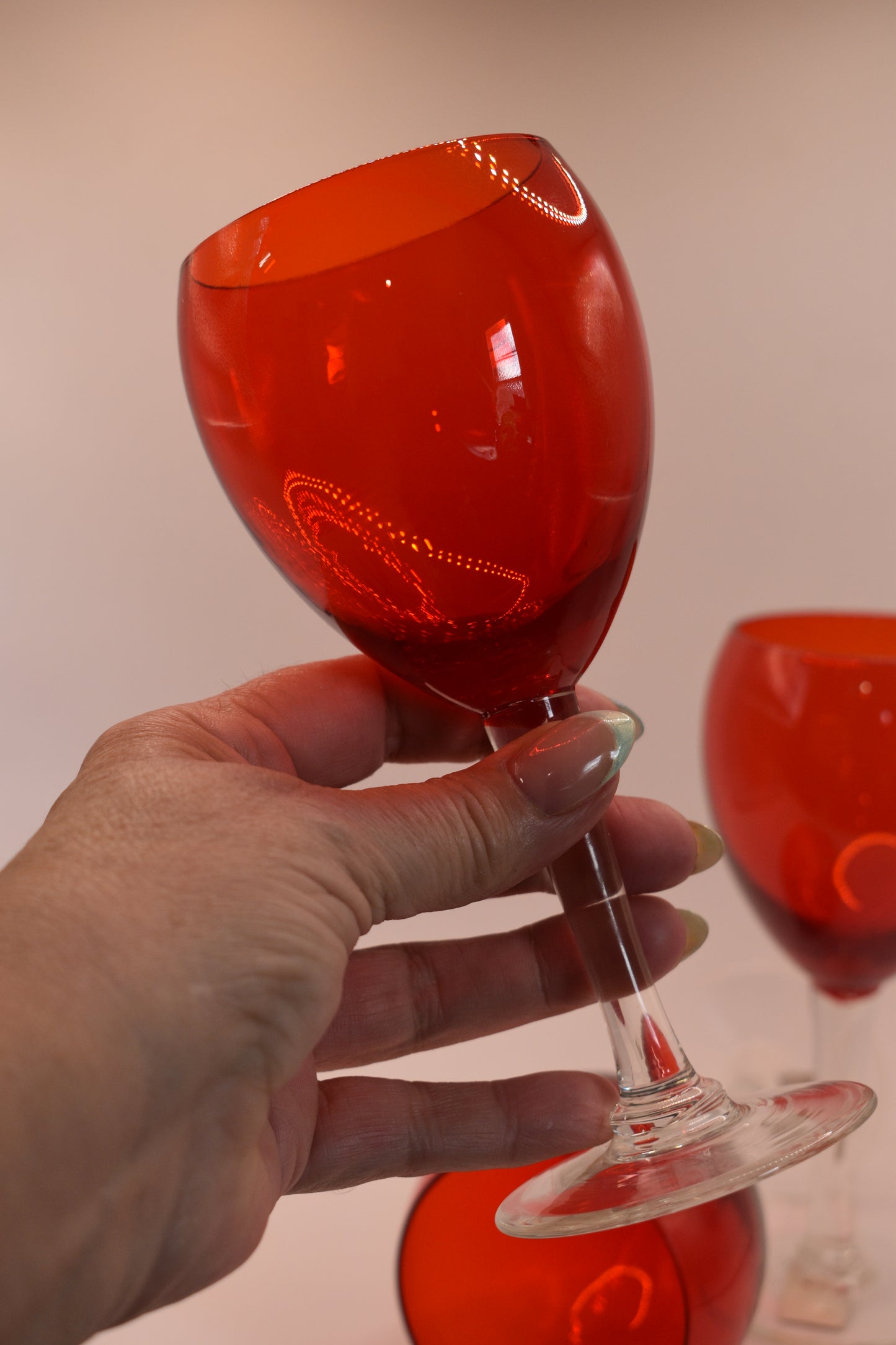 Vintage Kreias red/orange glass goblets. Set of 3 made in Japan