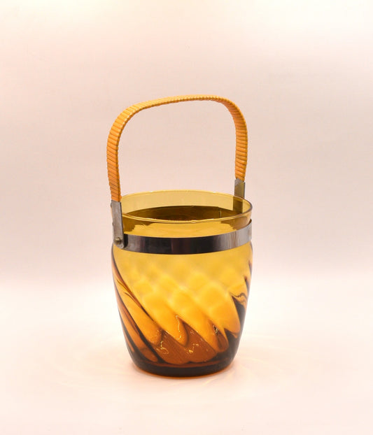 Vintage Amber Glass Ice Bucket with swing handle.