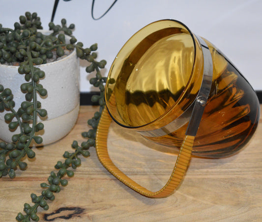 Vintage Amber Glass Ice Bucket with swing handle.
