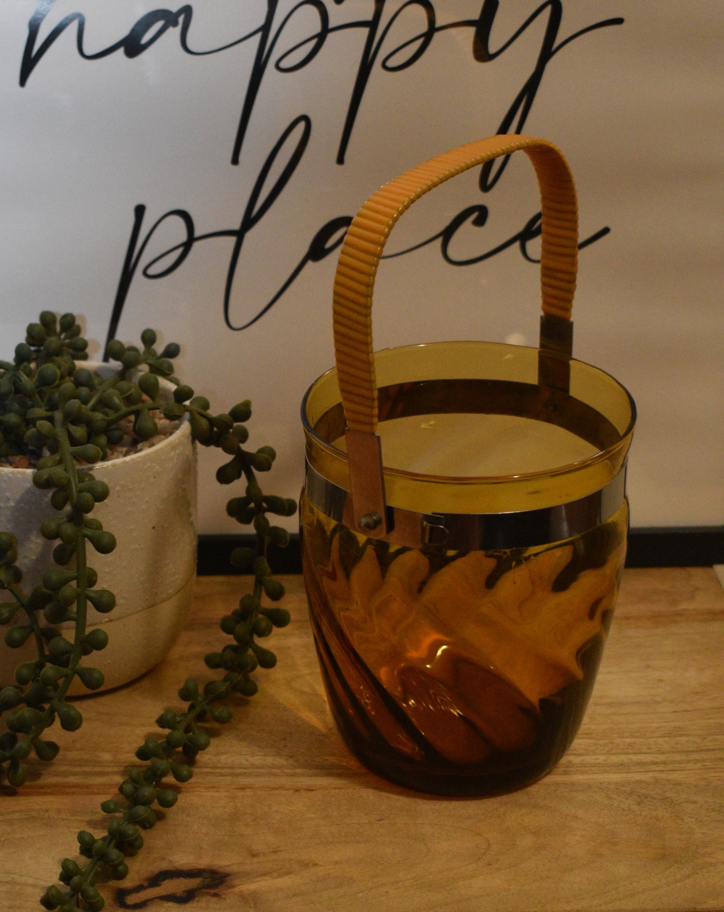 Vintage Amber Glass Ice Bucket with swing handle.