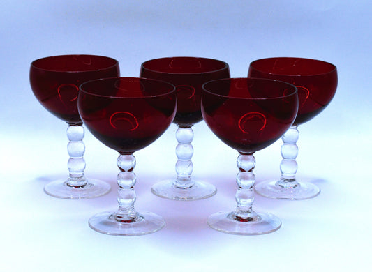 Vintage Ruby Red cocktail/liqueur glasses with bubble stem. Set of 5