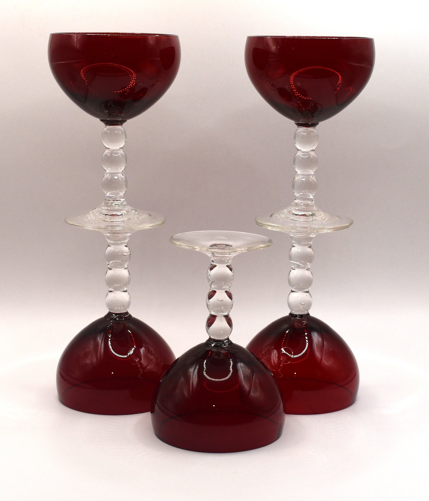 Vintage Ruby Red cocktail/liqueur glasses with bubble stem. Set of 5