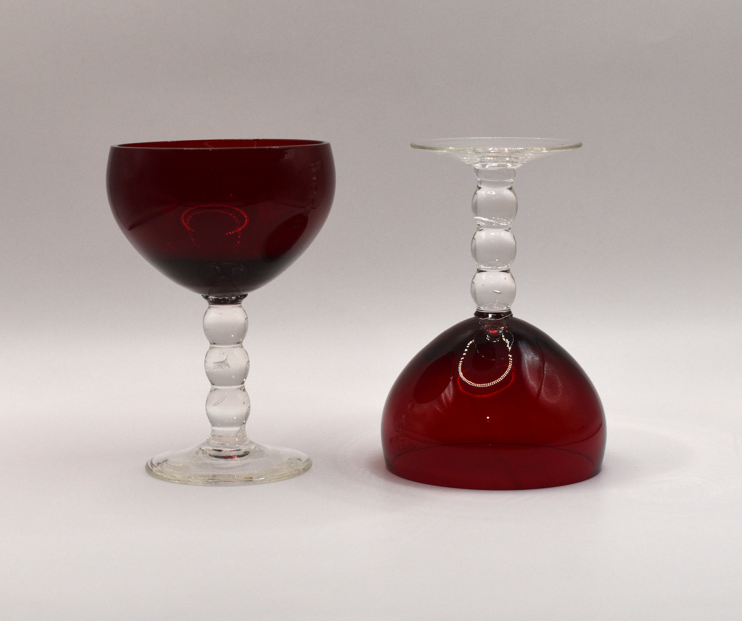 Vintage Ruby Red cocktail/liqueur glasses with bubble stem. Set of 5