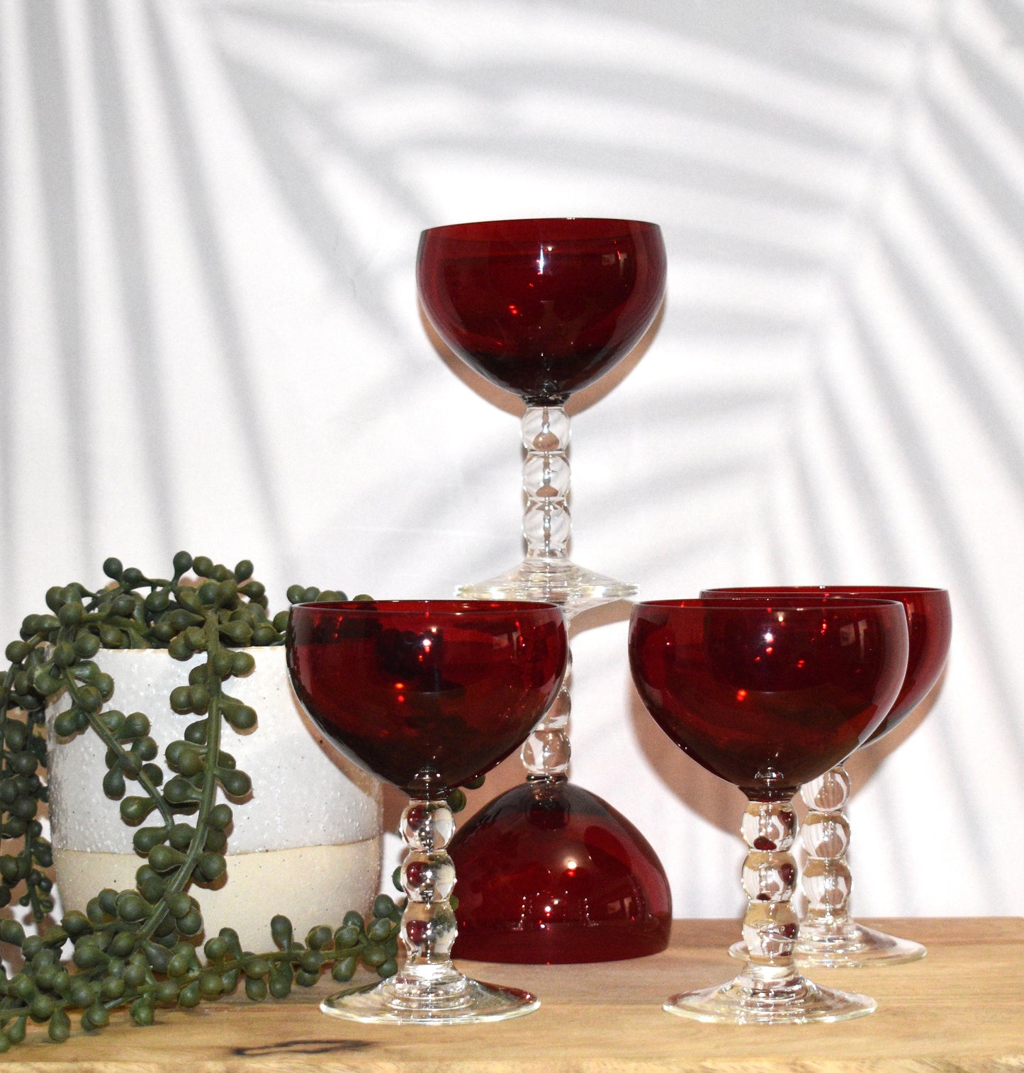 Vintage Ruby Red cocktail/liqueur glasses with bubble stem. Set of 5