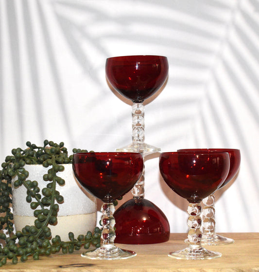 Vintage Ruby Red cocktail/liqueur glasses with bubble stem. Set of 5