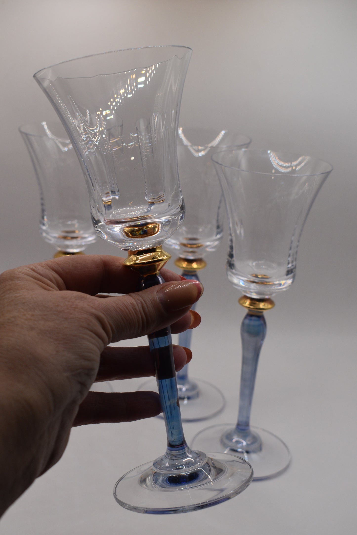 Rare Vintage Mikasa Royal Jamestown Crystal Wine Glasses. Blue stem. Set of 4