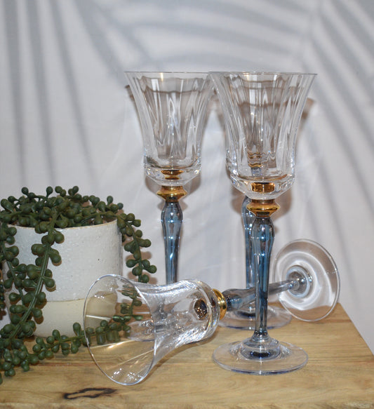 Rare Vintage Mikasa Royal Jamestown Crystal Wine Glasses. Blue stem. Set of 4