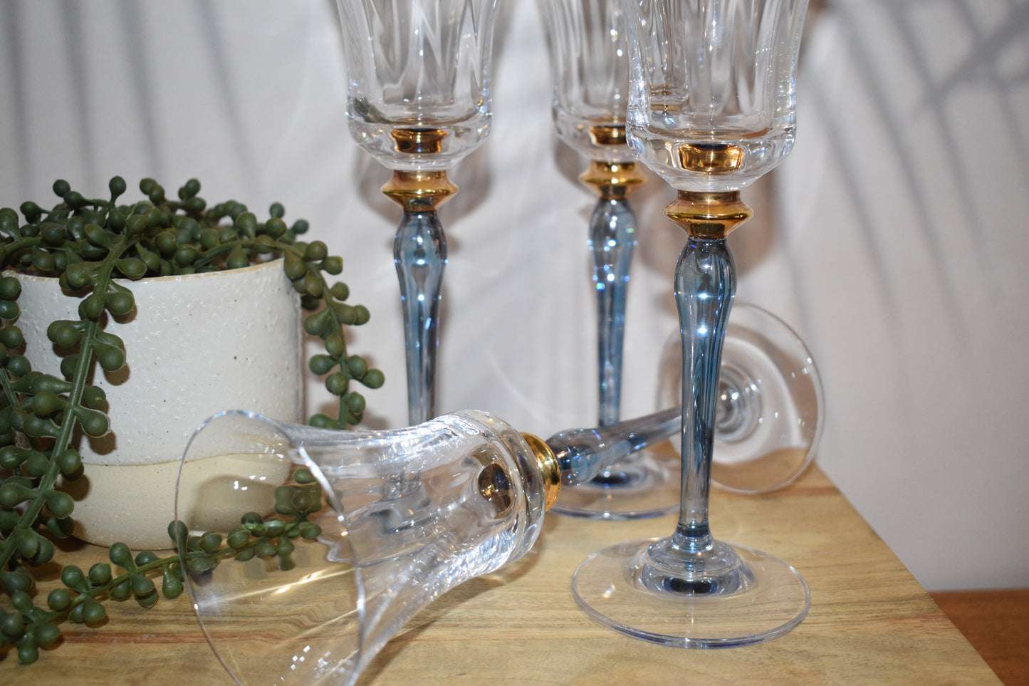 Rare Vintage Mikasa Royal Jamestown Crystal Wine Glasses. Blue stem. Set of 4