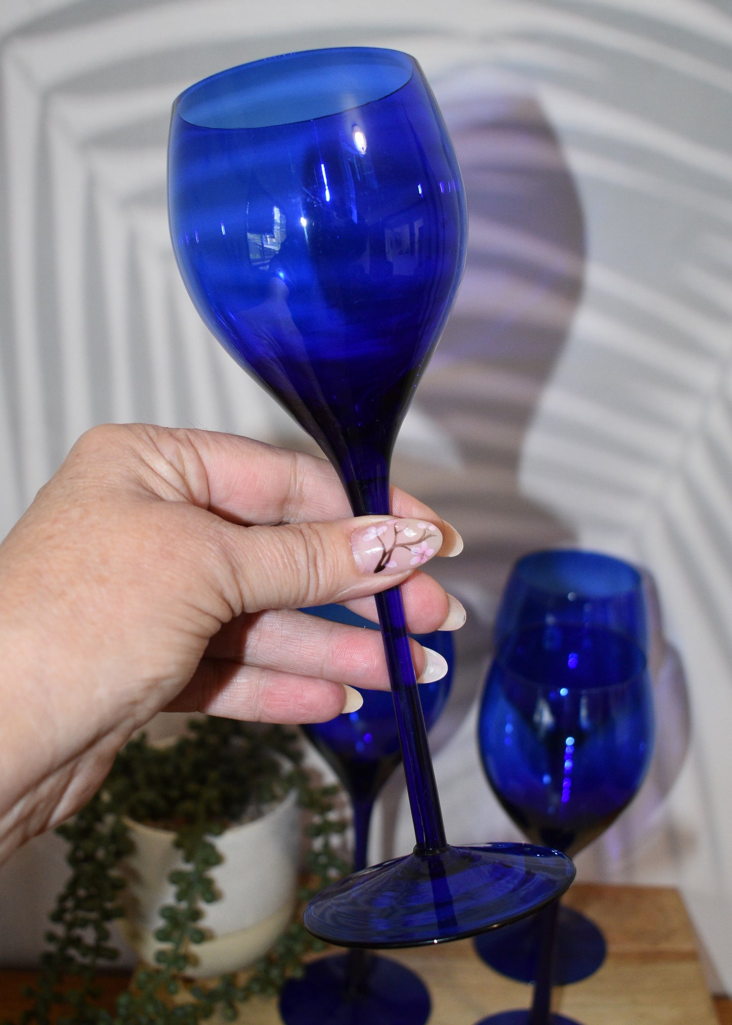 Long stemmed Cobalt Blue wine glasses. Set of 4