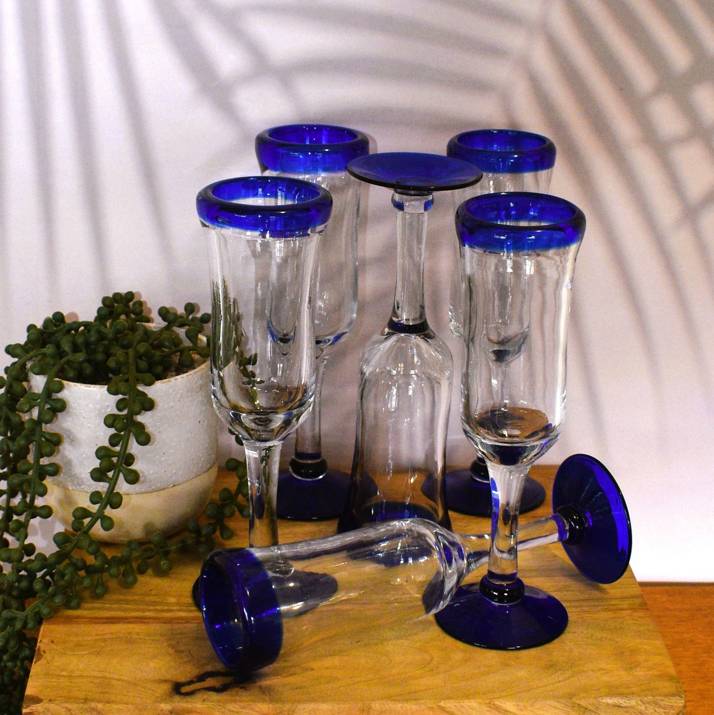 Mexican Hand Blown Cobalt Blue Rim and Foot Champagne Flutes. Set of 6