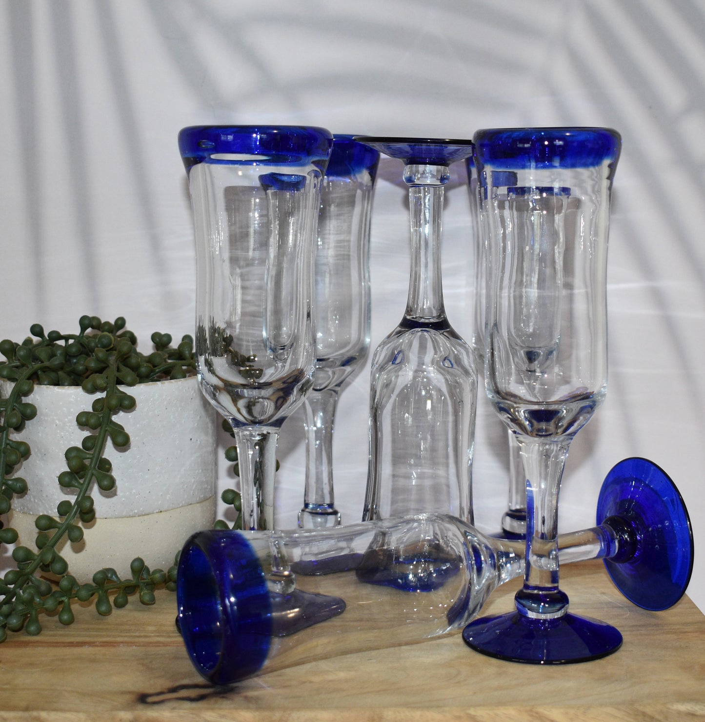Mexican Hand Blown Cobalt Blue Rim and Foot Champagne Flutes. Set of 6