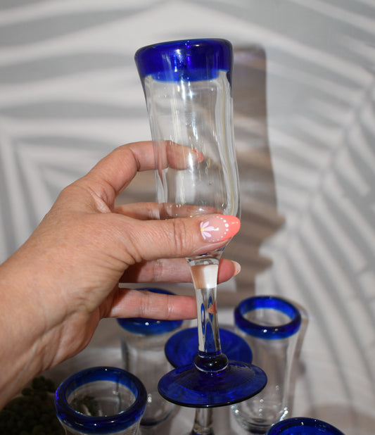 Mexican Hand Blown Cobalt Blue Rim and Foot Champagne Flutes. Set of 6