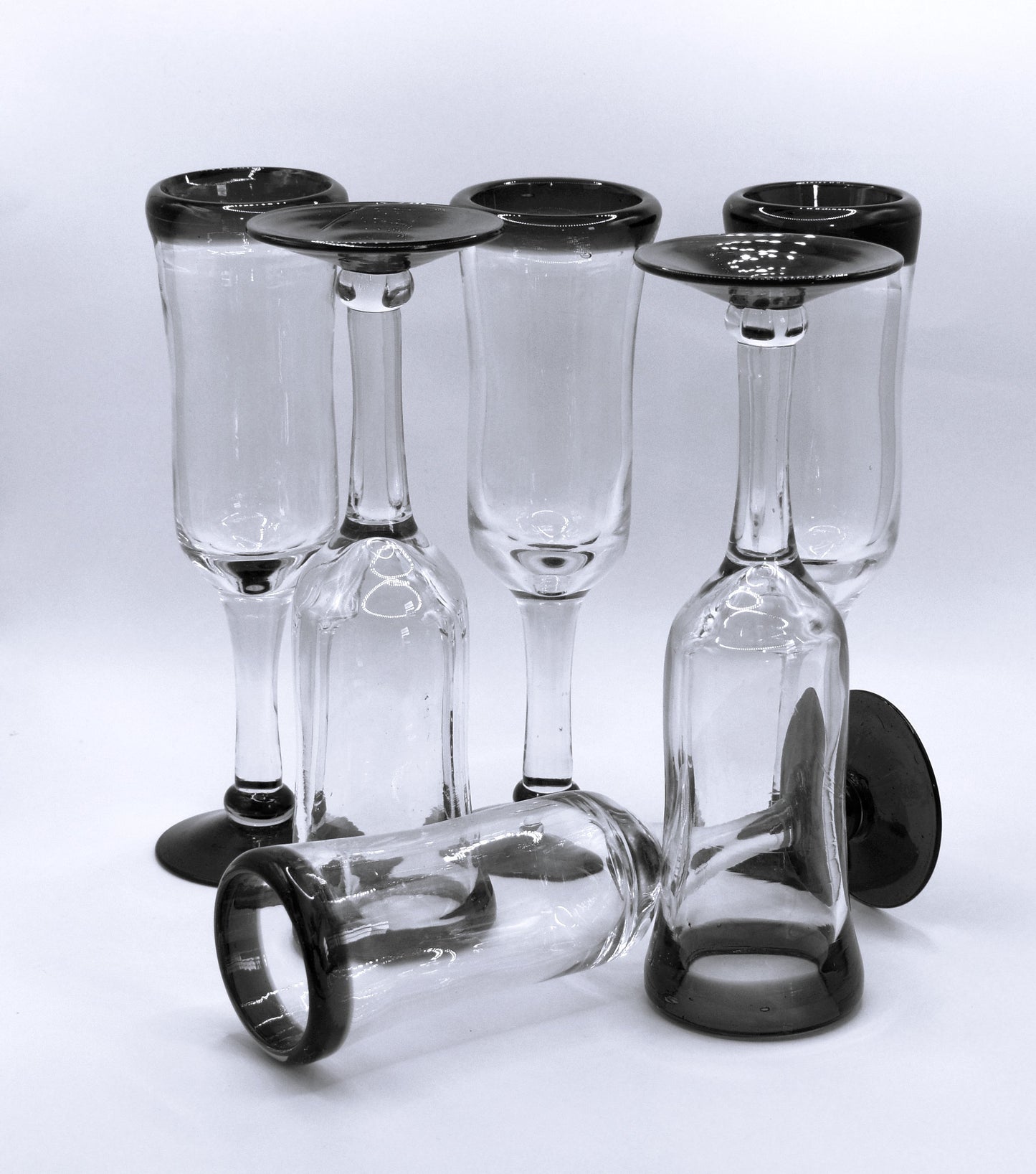 Mexican Hand Blown Cobalt Blue Rim and Foot Champagne Flutes. Set of 6