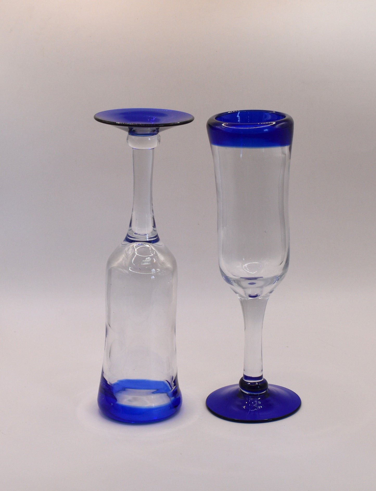 Mexican Hand Blown Cobalt Blue Rim and Foot Champagne Flutes. Set of 6