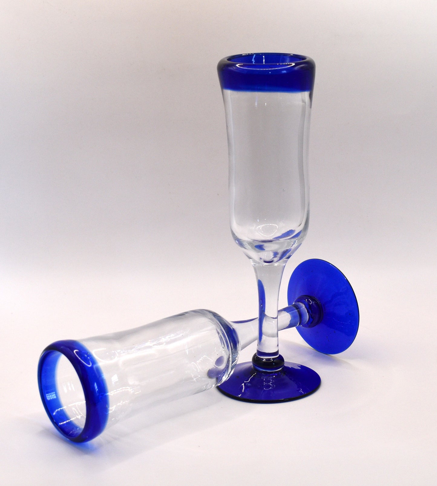 Mexican Hand Blown Cobalt Blue Rim and Foot Champagne Flutes. Set of 6