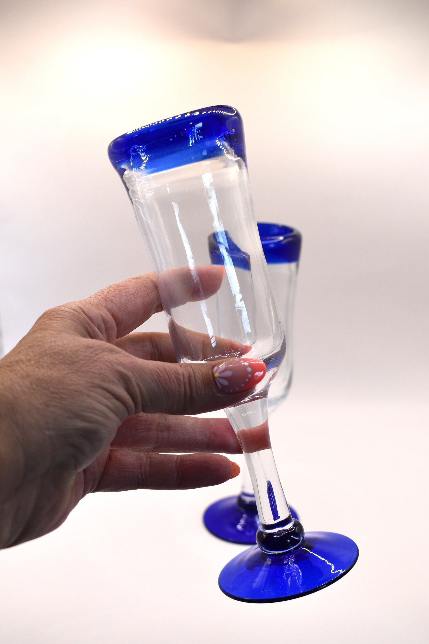 Mexican Hand Blown Cobalt Blue Rim and Foot Champagne Flutes. Set of 6