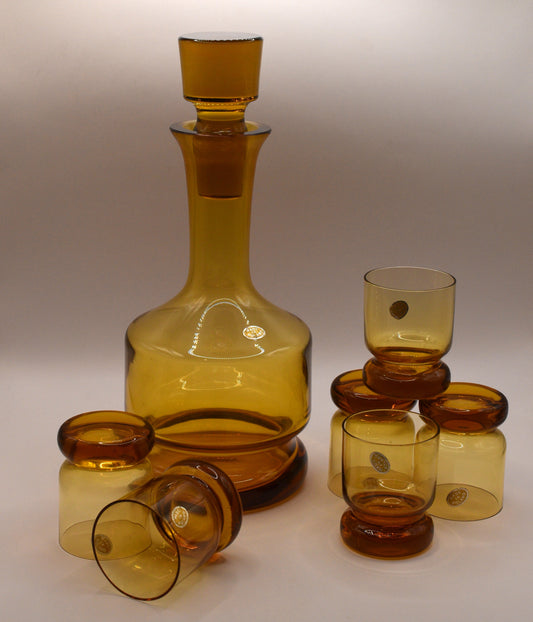 Vintage Polish Amber Glass Decanter Set.