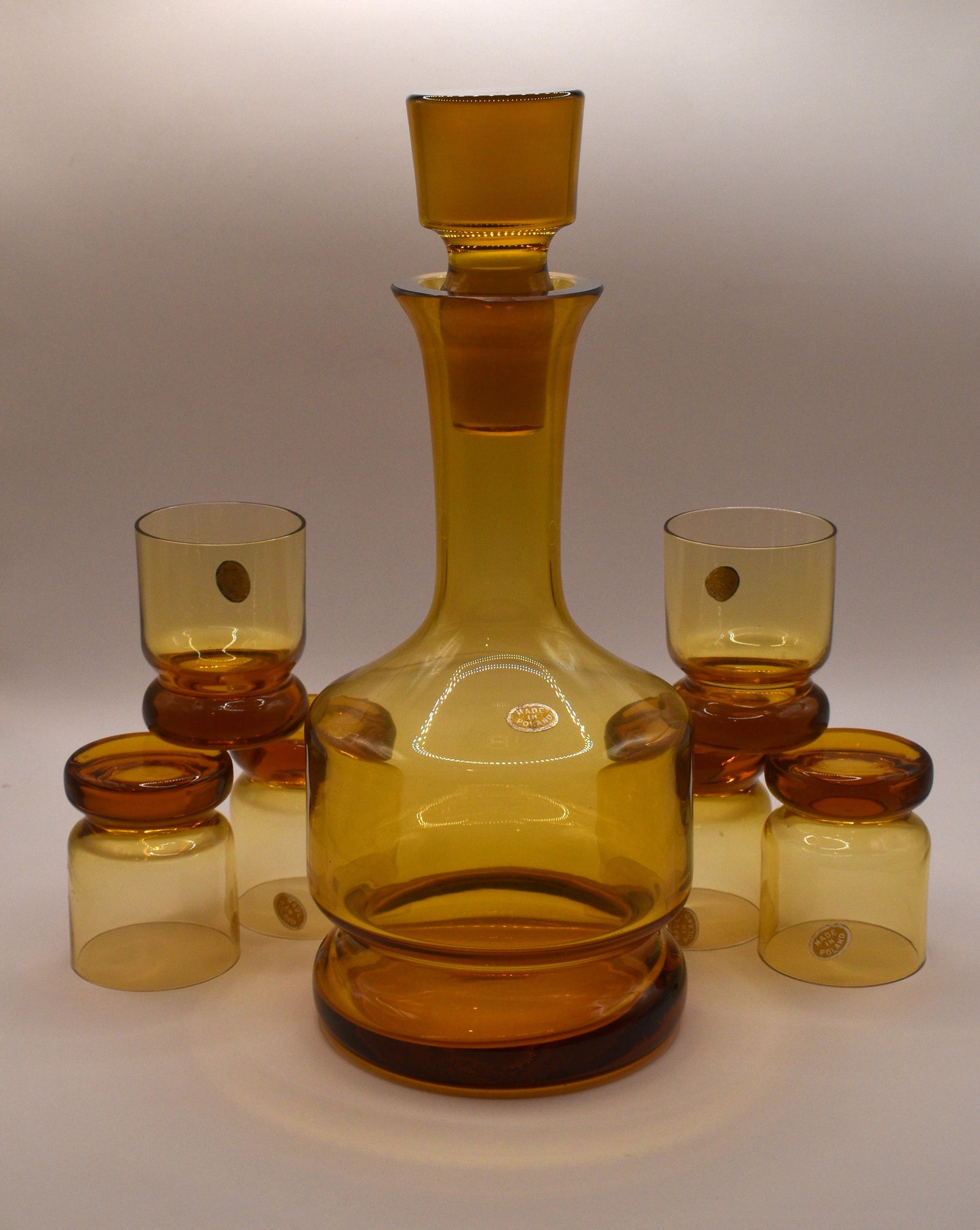 Vintage Polish Amber Glass Decanter Set.