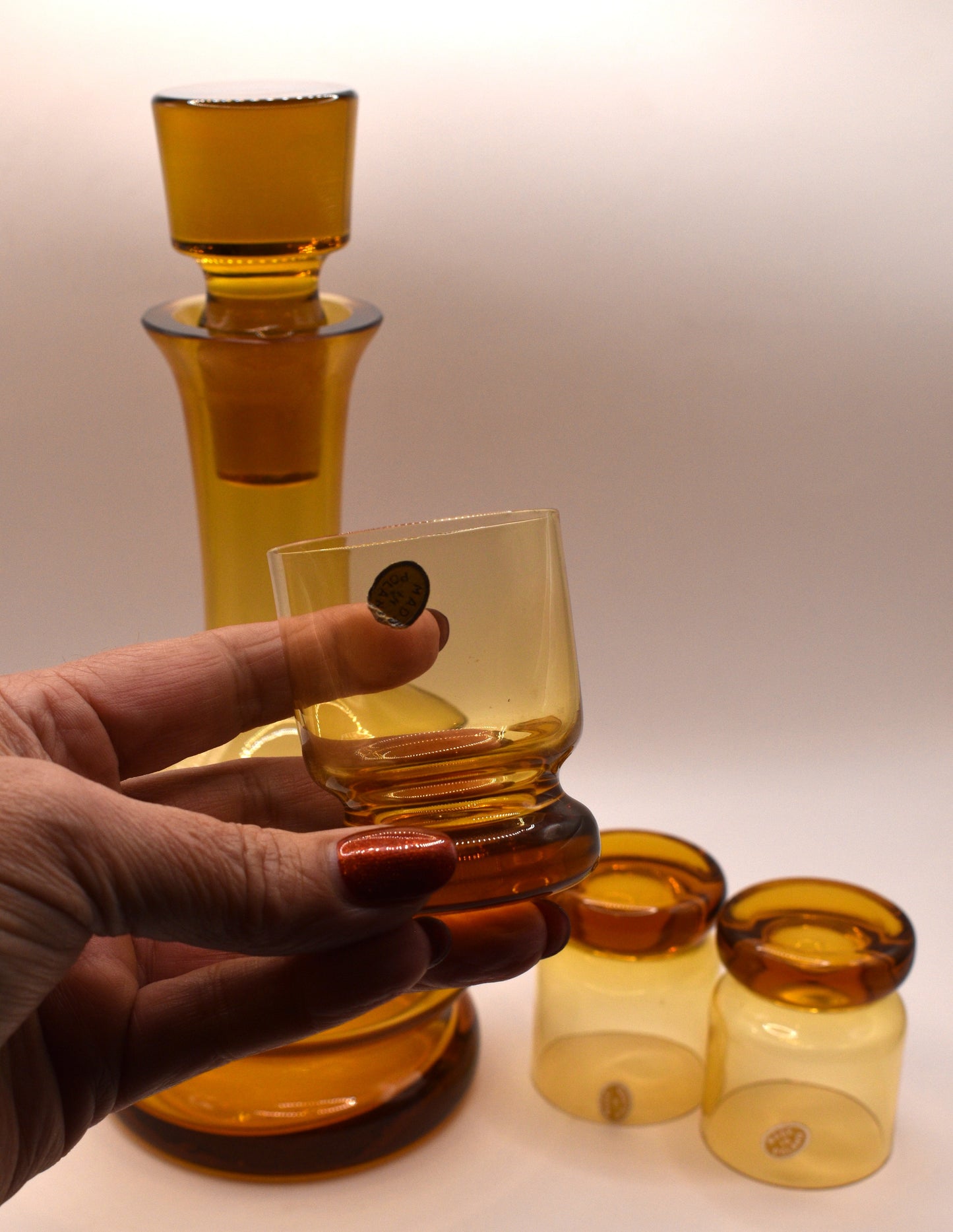 Vintage Polish Amber Glass Decanter Set.