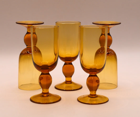 MCM Amber Decanter with 5 stemed liqueur glasses.