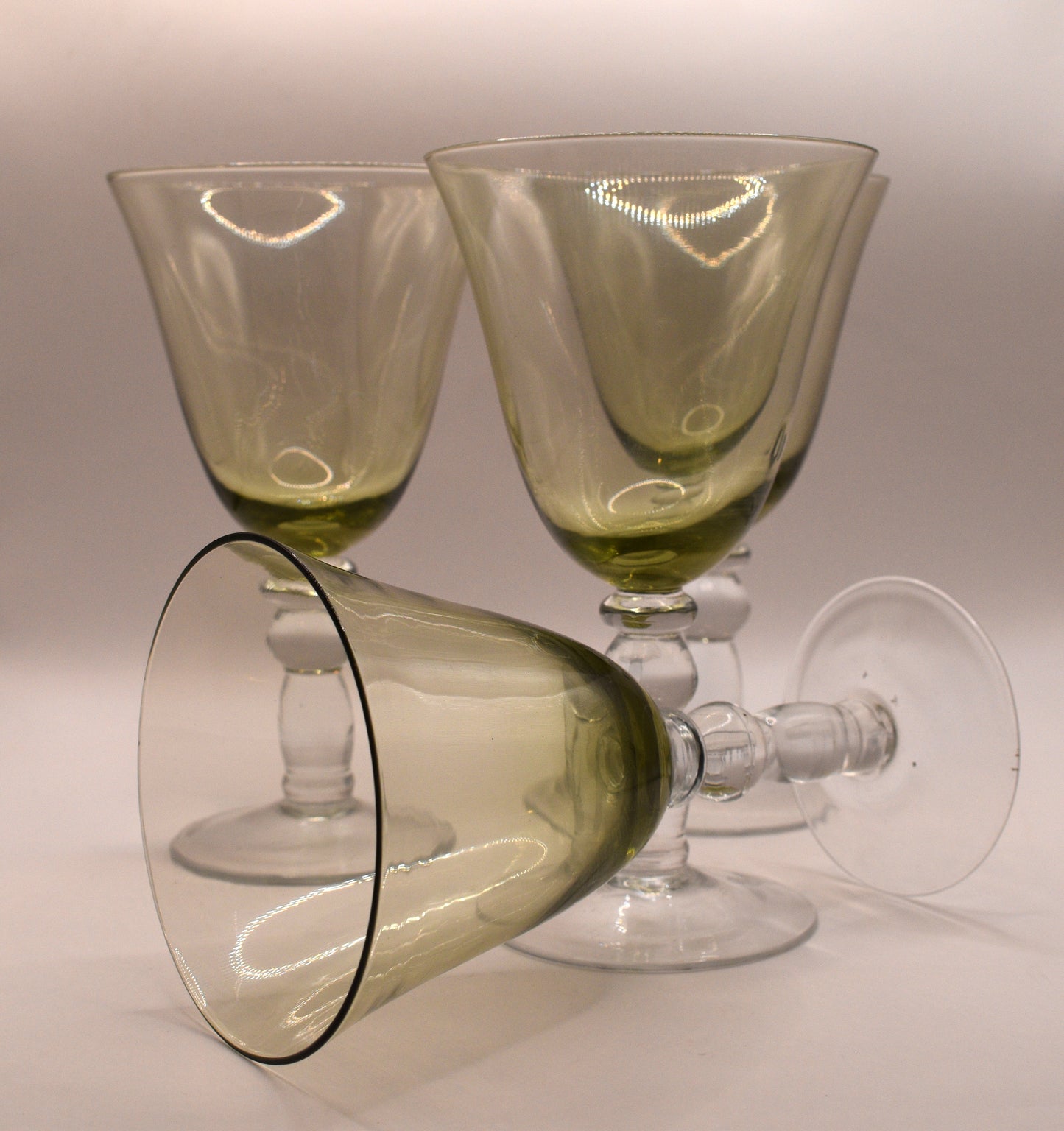 Green Glass Goblets with clear ball stems. Set of 4
