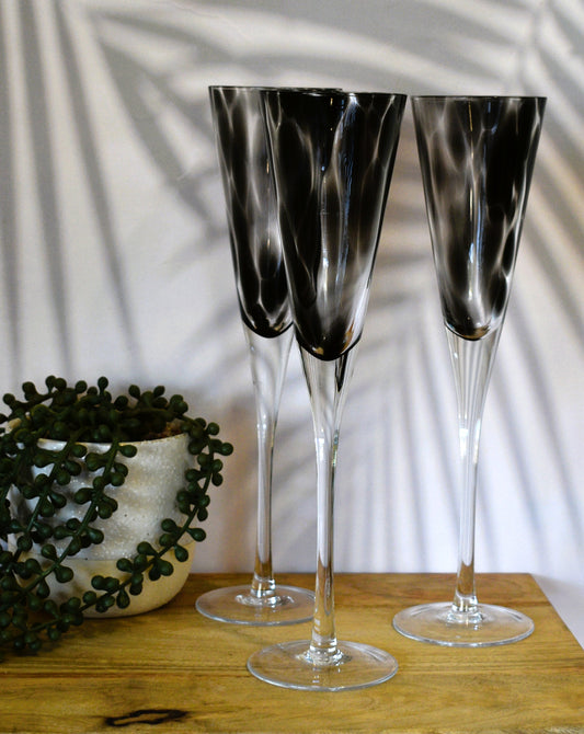 Tall stemmed trumpet styled Champagne Flutes with Black mottled glass. Set of 3