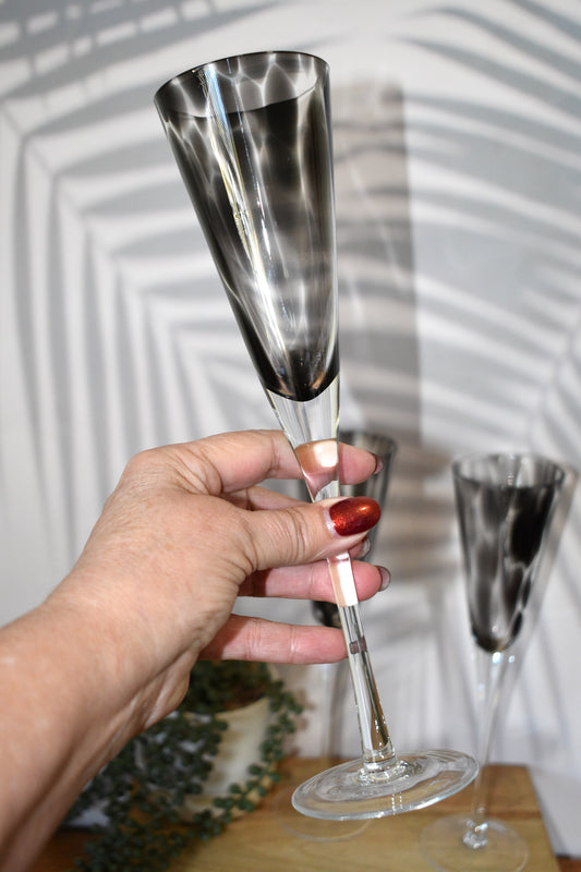 Tall stemmed trumpet styled Champagne Flutes with Black mottled glass. Set of 3