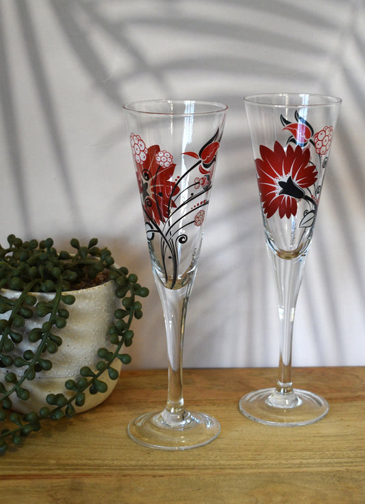 Retro Artiefartie Champagne Flutes. Red and Black Flowers. Set of two