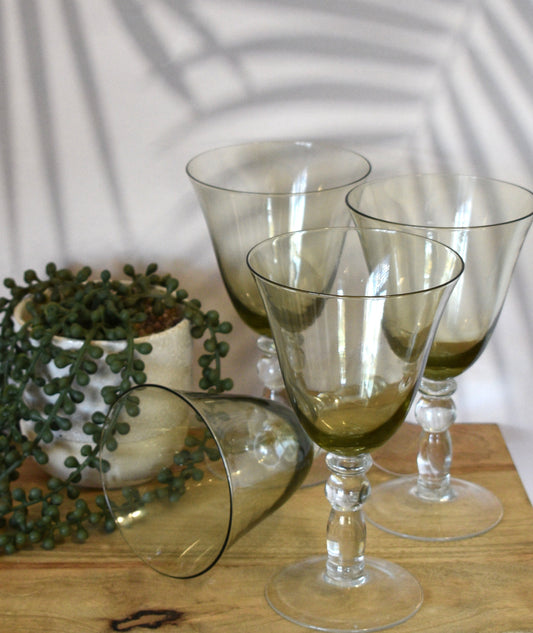 Green Glass Goblets with clear ball stems. Set of 4