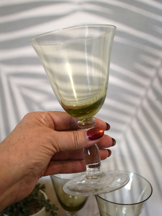 Green Glass Goblets with clear ball stems. Set of 4