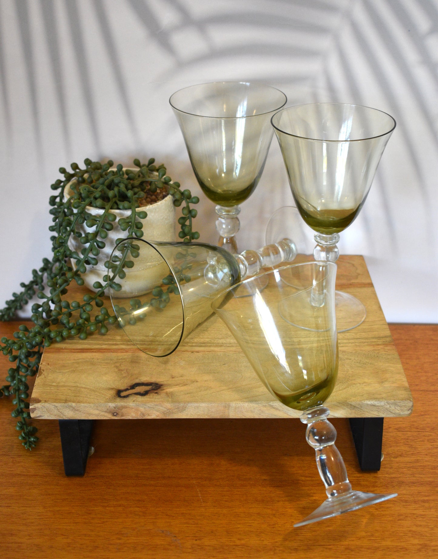Green Glass Goblets with clear ball stems. Set of 4