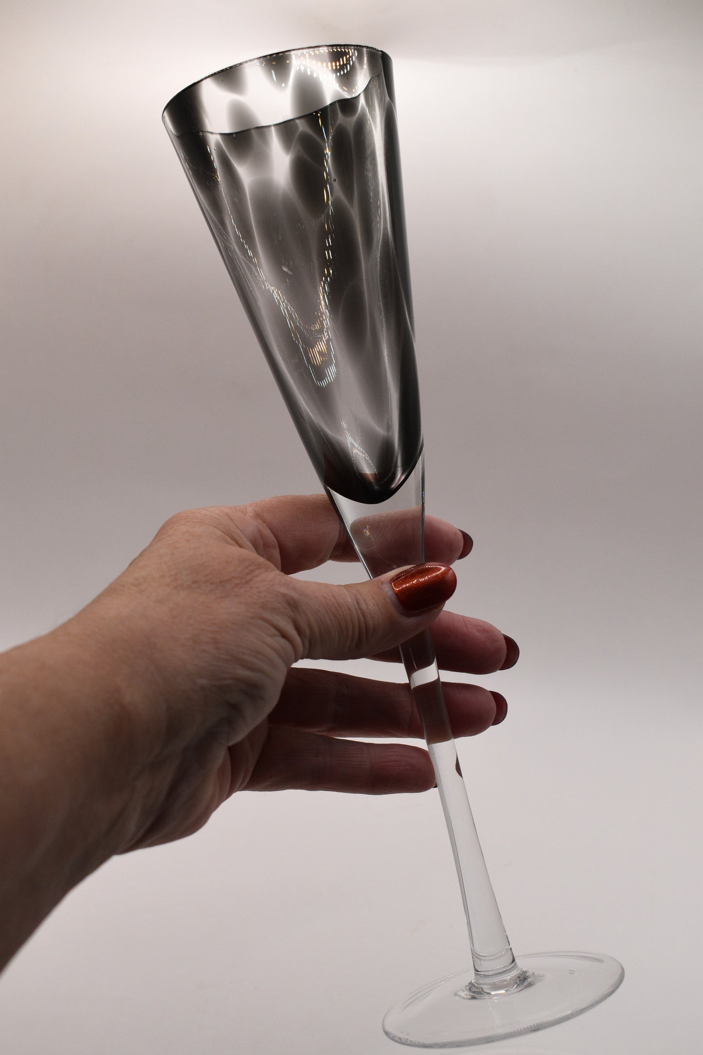 Tall stemmed trumpet styled Champagne Flutes with Black mottled glass. Set of 3