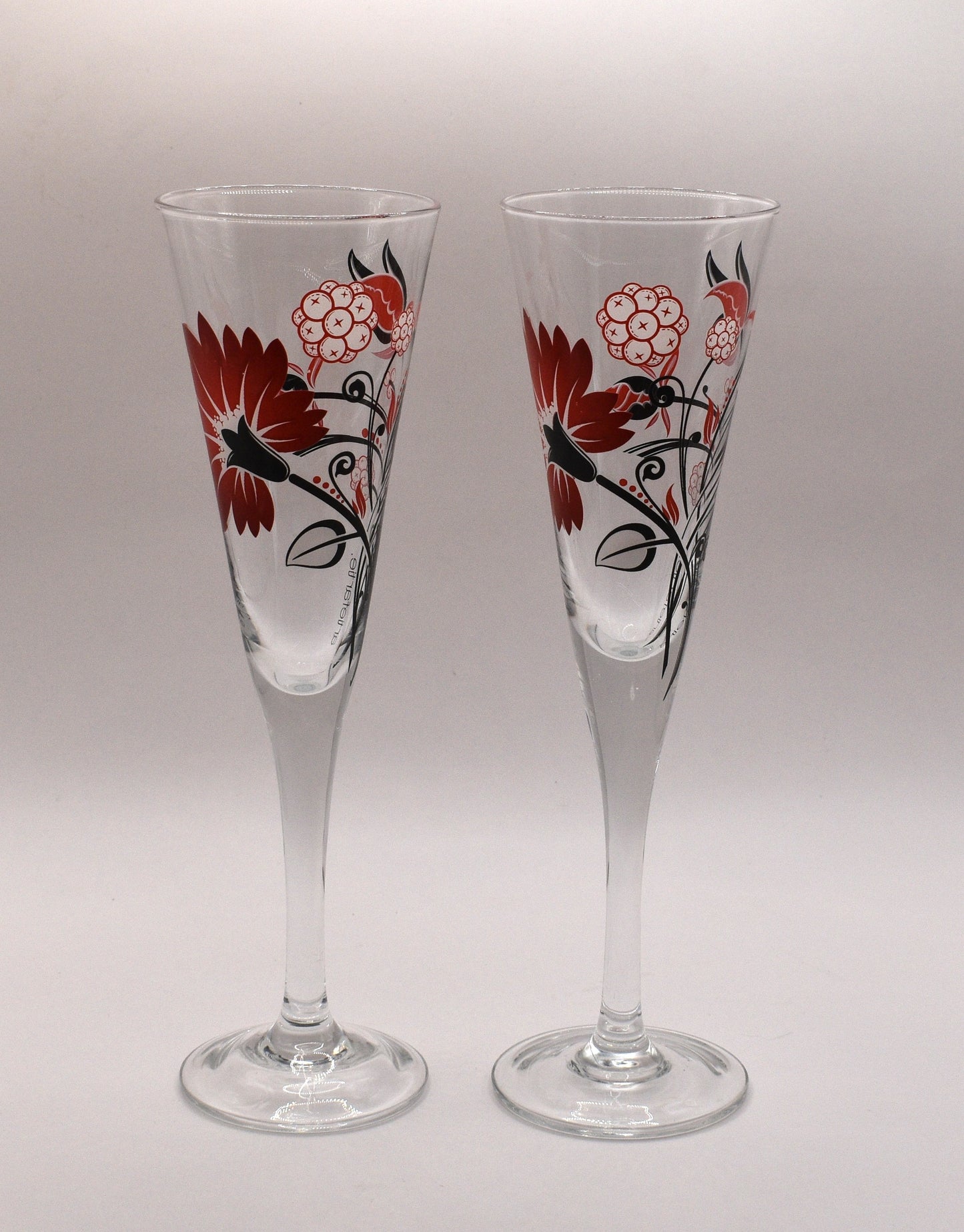 Retro Artiefartie Champagne Flutes. Red and Black Flowers. Set of two