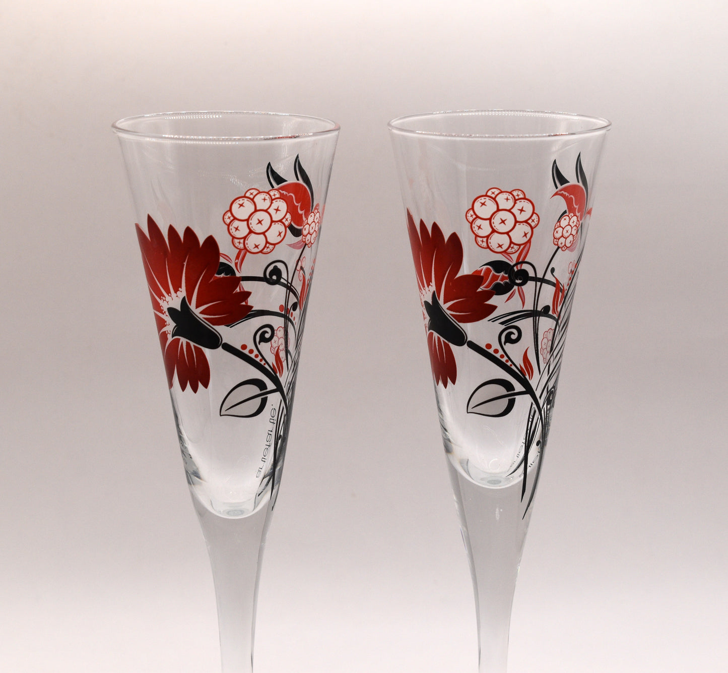 Retro Artiefartie Champagne Flutes. Red and Black Flowers. Set of two