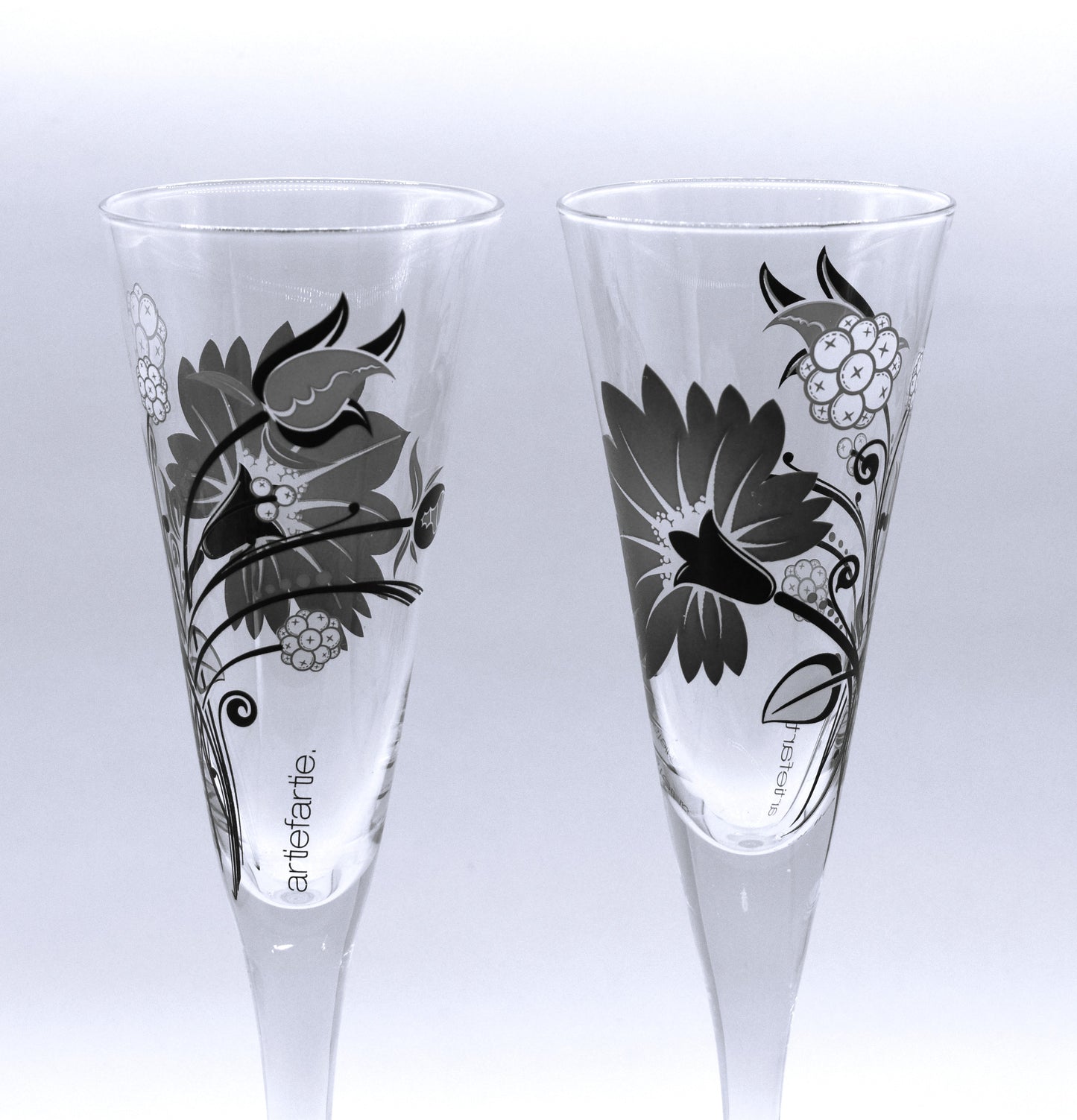 Retro Artiefartie Champagne Flutes. Red and Black Flowers. Set of two