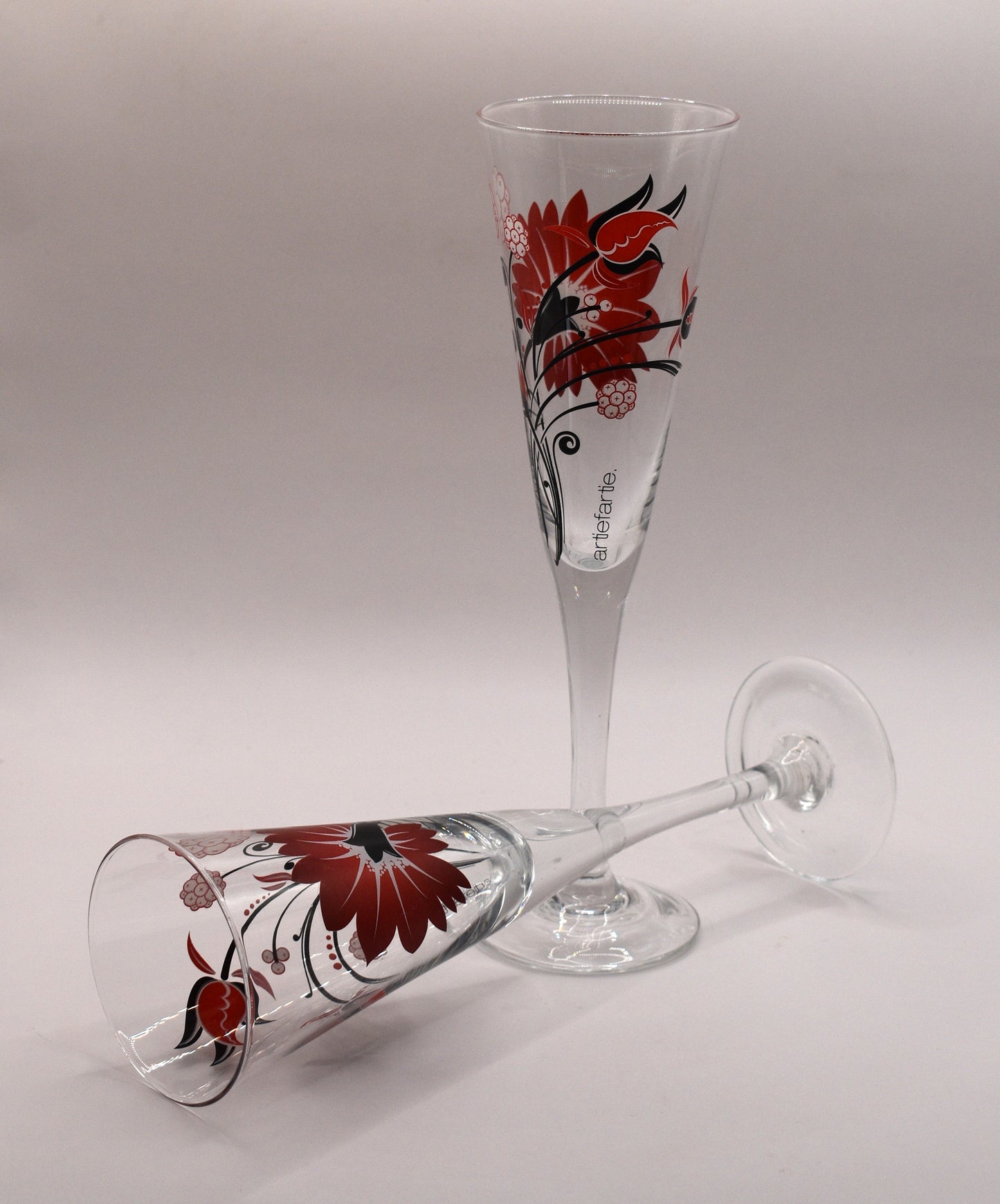 Retro Artiefartie Champagne Flutes. Red and Black Flowers. Set of two