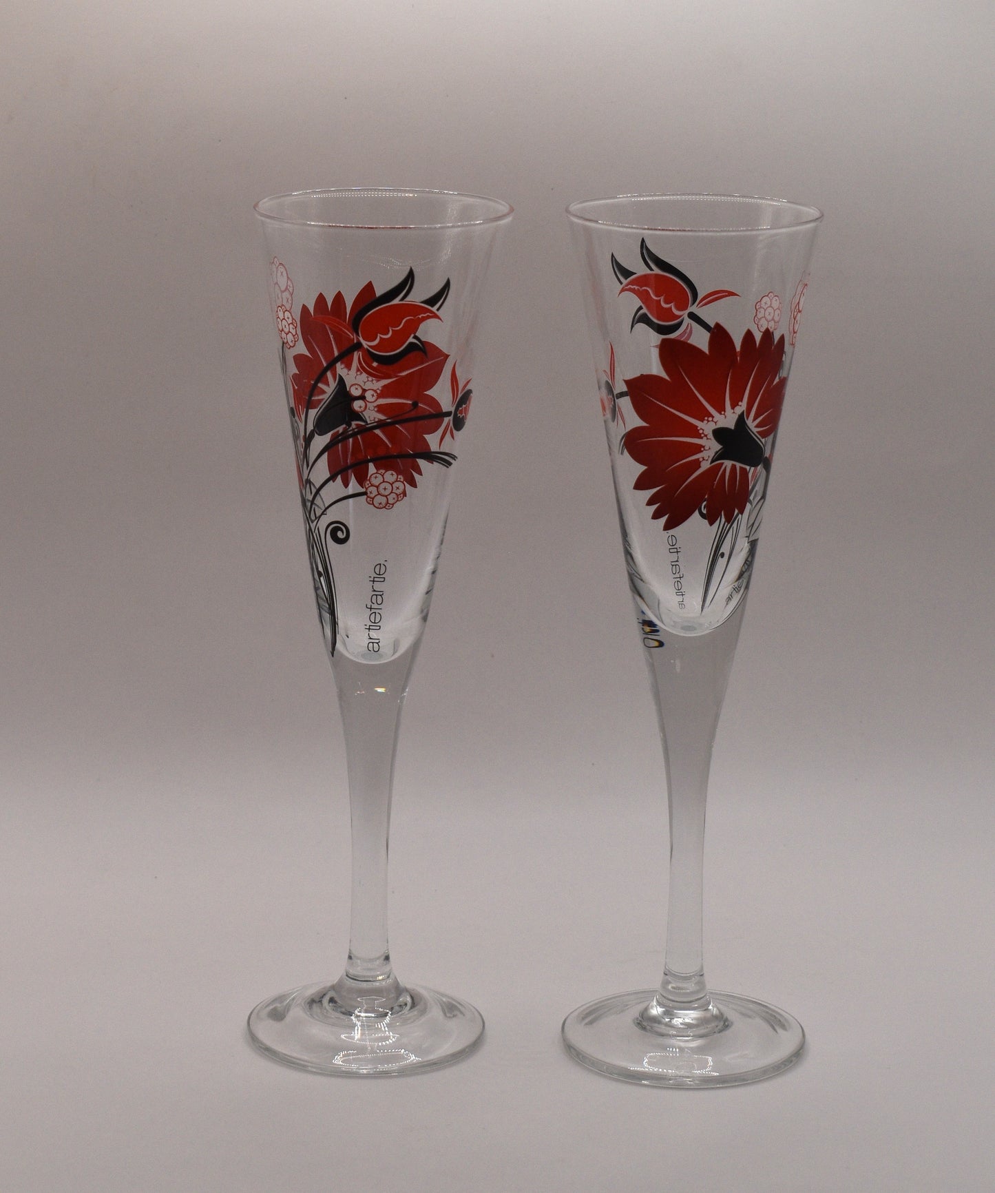 Retro Artiefartie Champagne Flutes. Red and Black Flowers. Set of two
