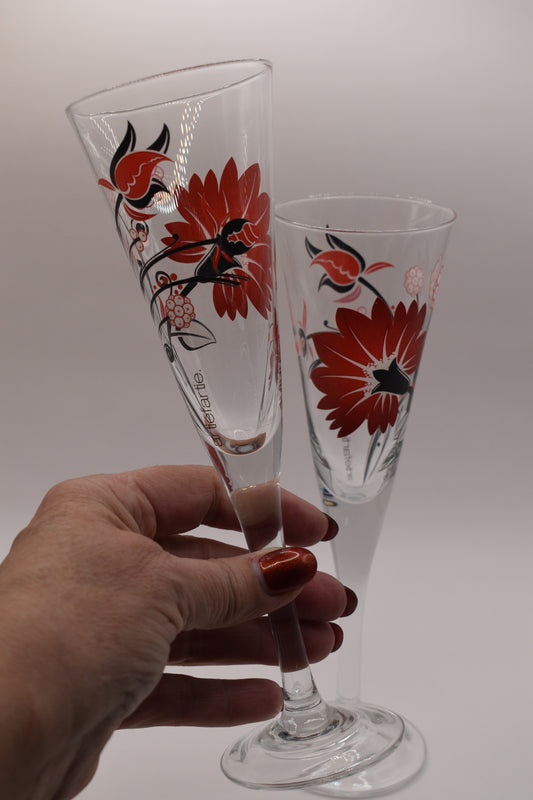 Retro Artiefartie Champagne Flutes. Red and Black Flowers. Set of two