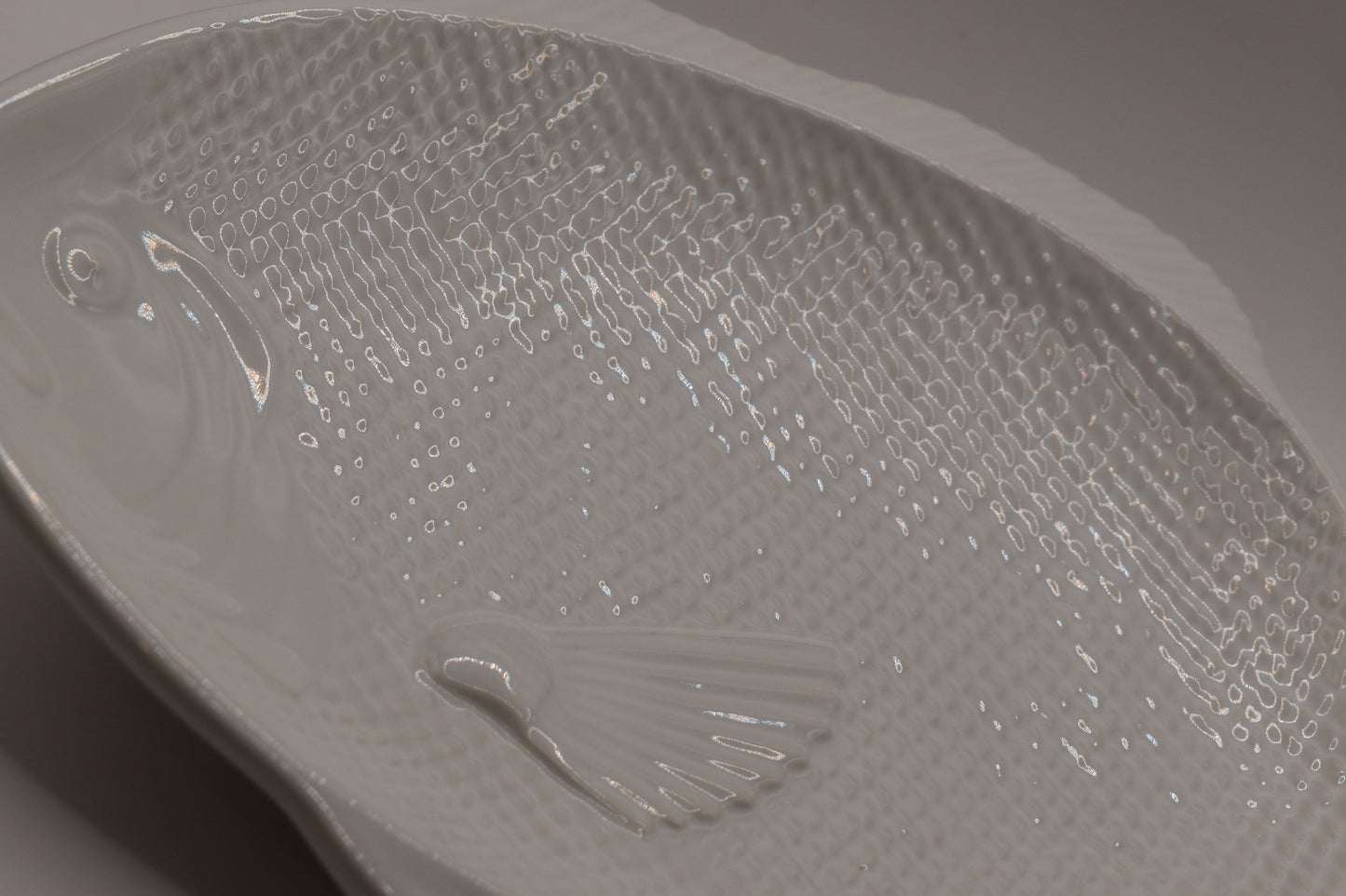 White ceramic Fish shaped serving platter. Made in Japan