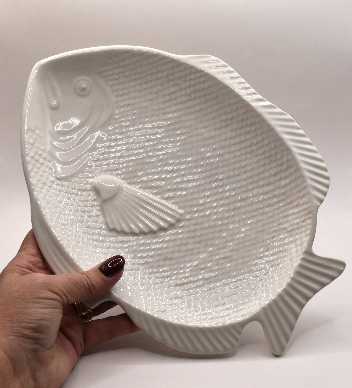 White ceramic Fish shaped serving platter. Made in Japan