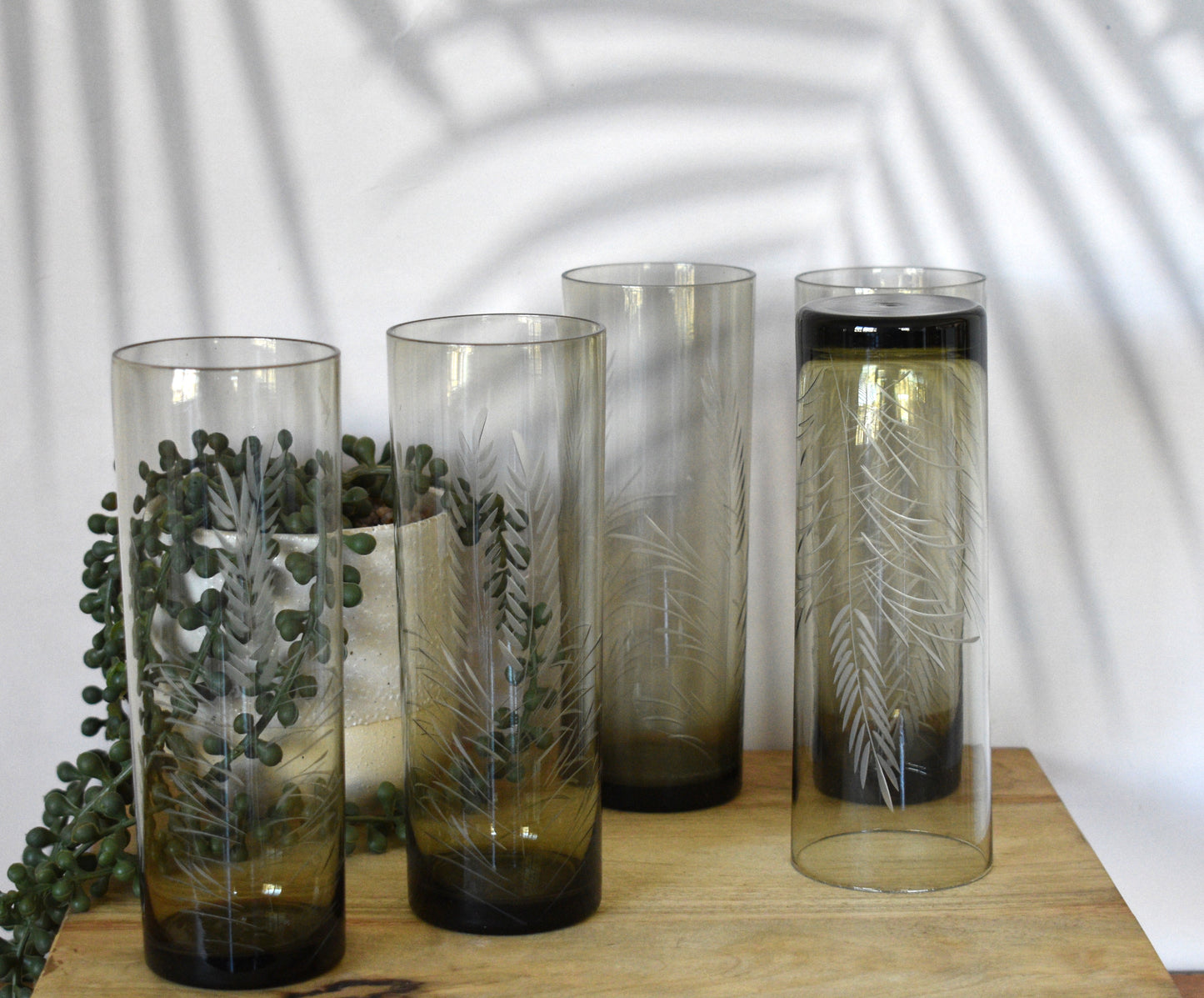 Olive green Tom Collins etched tumblers. Set of 5