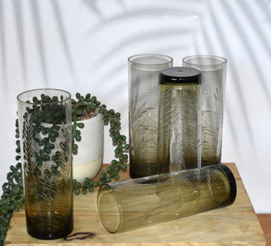 Olive green Tom Collins etched tumblers. Set of 5