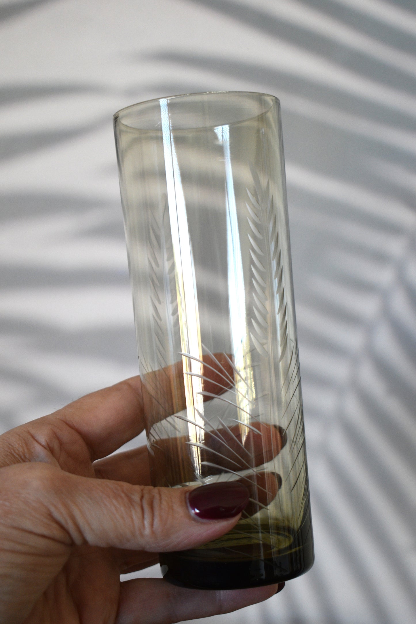 Olive green Tom Collins etched tumblers. Set of 5