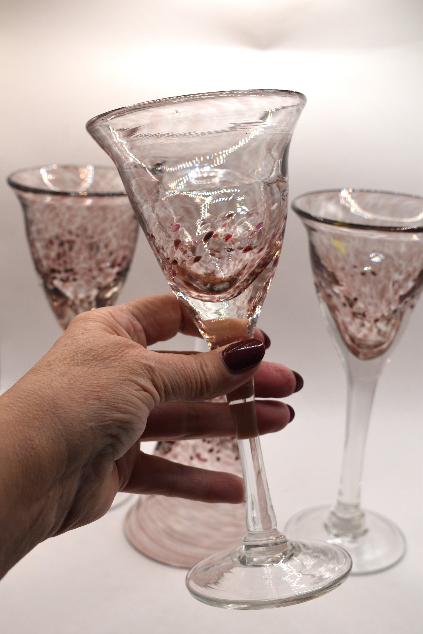 Handblown pink Wine goblets. Set of 4
