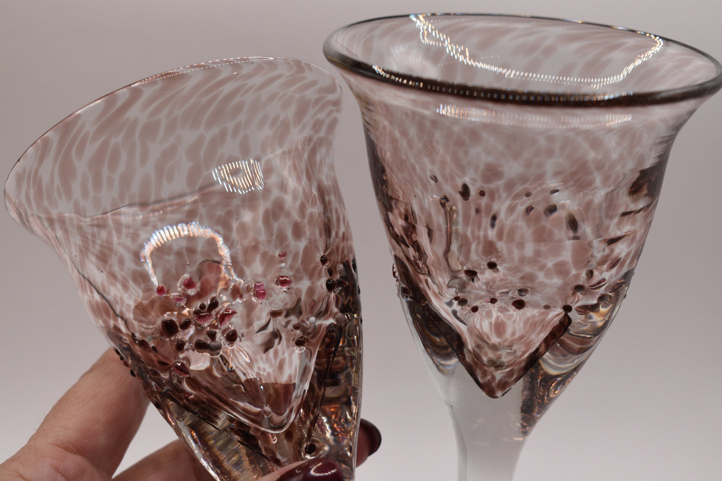 Handblown pink Wine goblets. Set of 4
