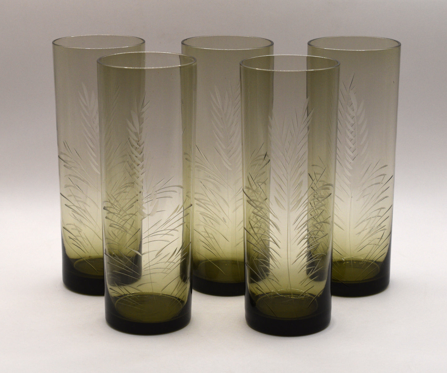 Olive green Tom Collins etched tumblers. Set of 5