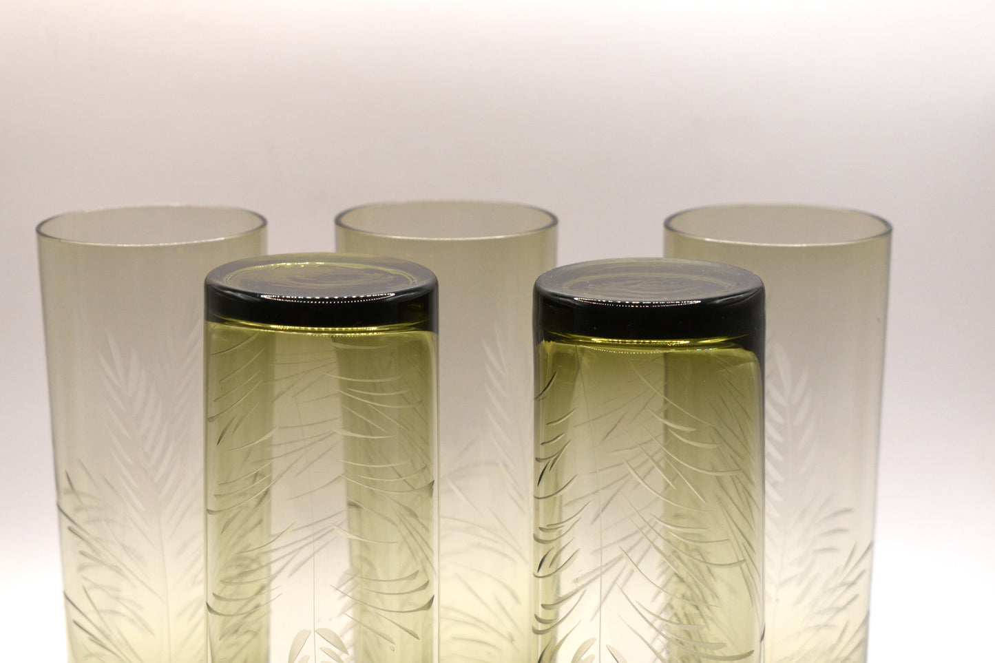 Olive green Tom Collins etched tumblers. Set of 5